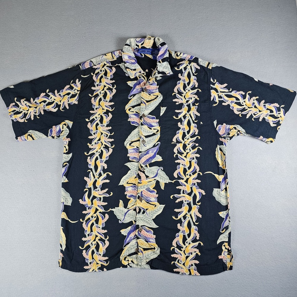 Vintage Ocean Pacific Hawaiian Shirt Mens Medium Black Floral Short Sleeve